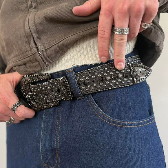 Y2K Black Cross Rhinestone Studded Belt – Goth Emo Unisex Style, New - Picture 7 of 7